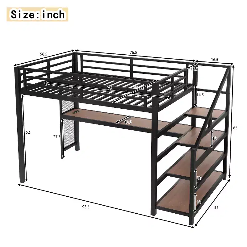 Queen Metal Loft Bed with Desk, Storage Stairs, LED Lights, USB Ports, No Spring Box Needed and Noise-free, Black