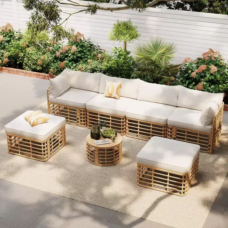 7pcs Outdoor Patio Rattan Sectional Sofa Set, Freely Combined Conversation Sets with Coffee Table 4W, Gray/Beige -ModernLuxe