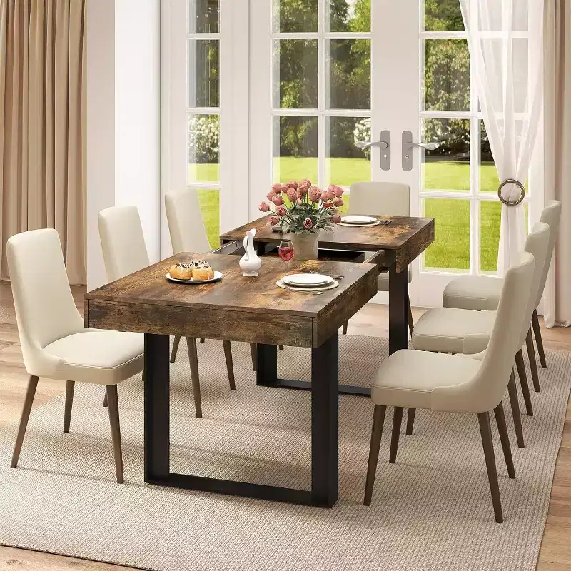 Zevemomo 63-78.7 Expandable Farmhouse Table, 6-10 Seater with Metal Track & Tapered U-Legs, Rustic Brown Rectangular Table for Dining Room & Office