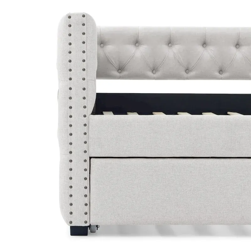 Full Daybed with Trundle Upholstered Tufted Sofa Bed, with Button and Copper Nail on Square Arms