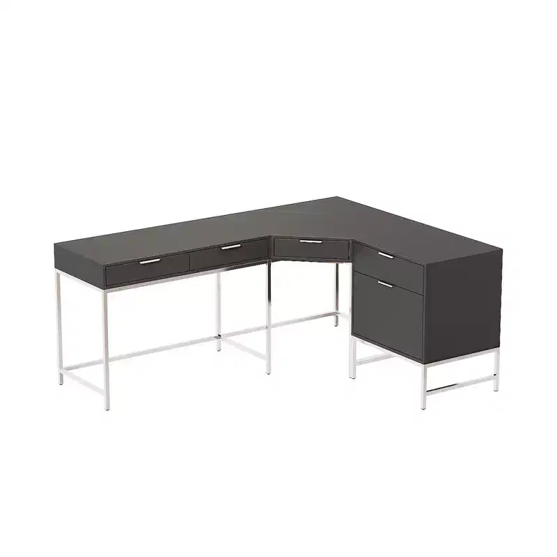 L-Shaped Office Desk, Home/Commercial Workstation, Metal Frame + 5-Drawer+ 150LBS Load Capacity, Corner Writing Desk