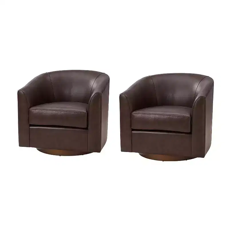 Molly Modern 360-degree Swivel Barrel Genuine Leather Chair with Solid Wood Base