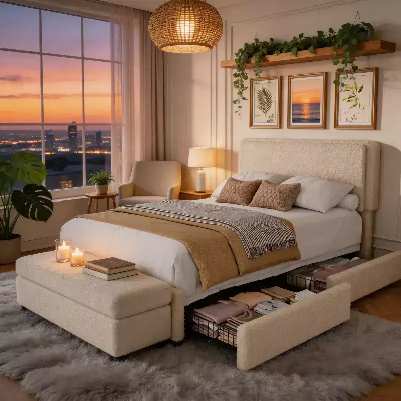 Teddy Fleece Bed Frame, Cloud Cream Bed Frame with 2 Storage Drawer and Adjustable Headboard, Soft Teddy Fabric, No Box Spring Required, Easy Assembly