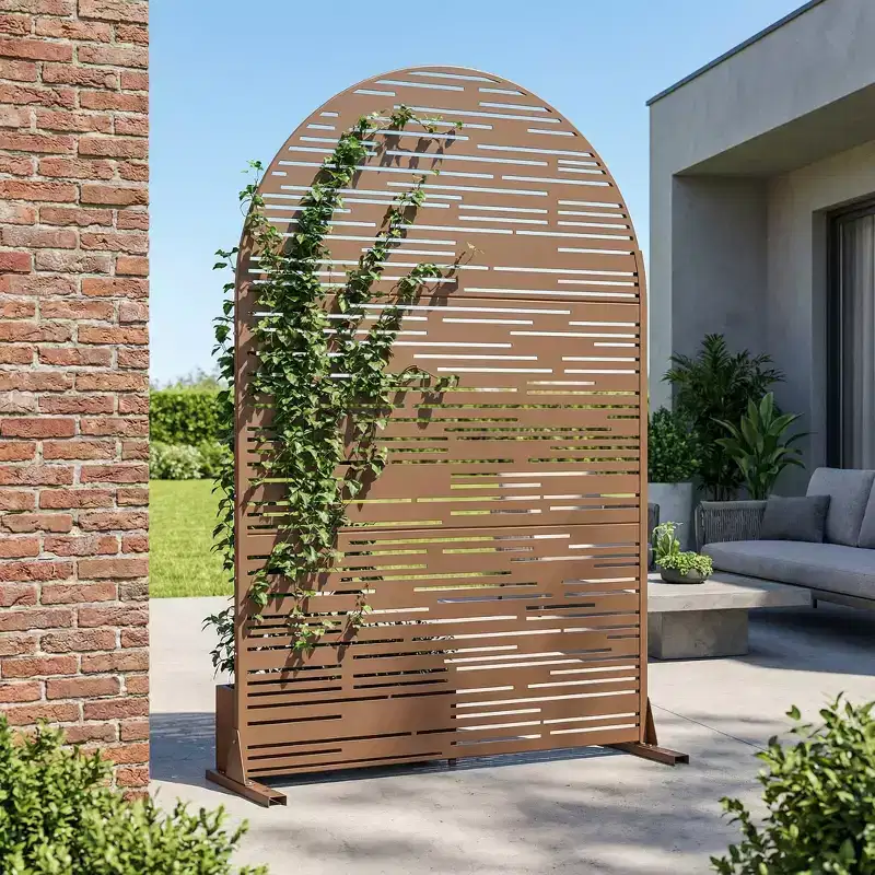 Dovelina 72H x 47W Arched Outdoor Metal Privacy Screen Freestanding Fence Panels in White/Brown for Garden Patio Deck Yard
