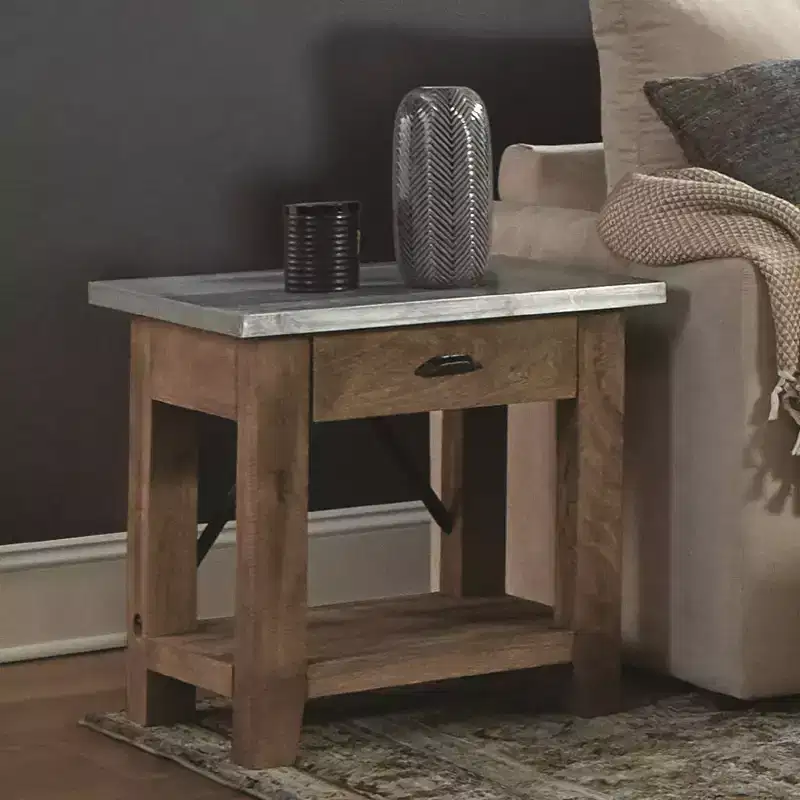 Mid-Century Modern End Table with Drawer, Wood & Metal