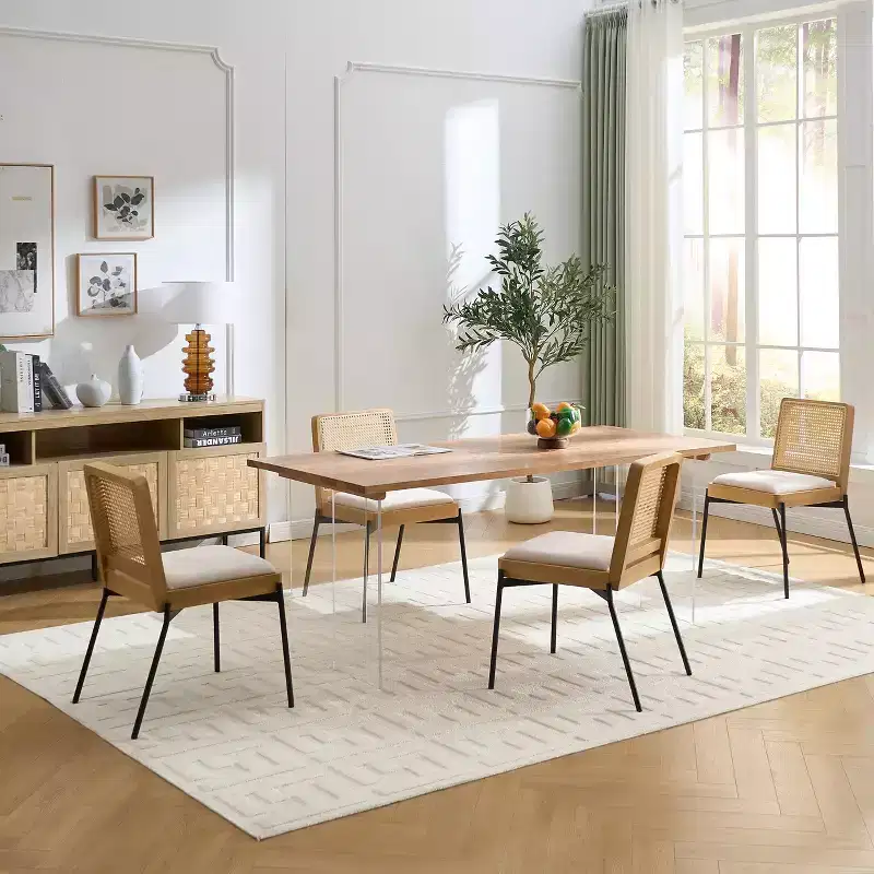 GDFStudio Becher Mid-Century Modern Rubber Wood and Linen Upholstered Dining Chair with Rattan Backrest (Set of 2)