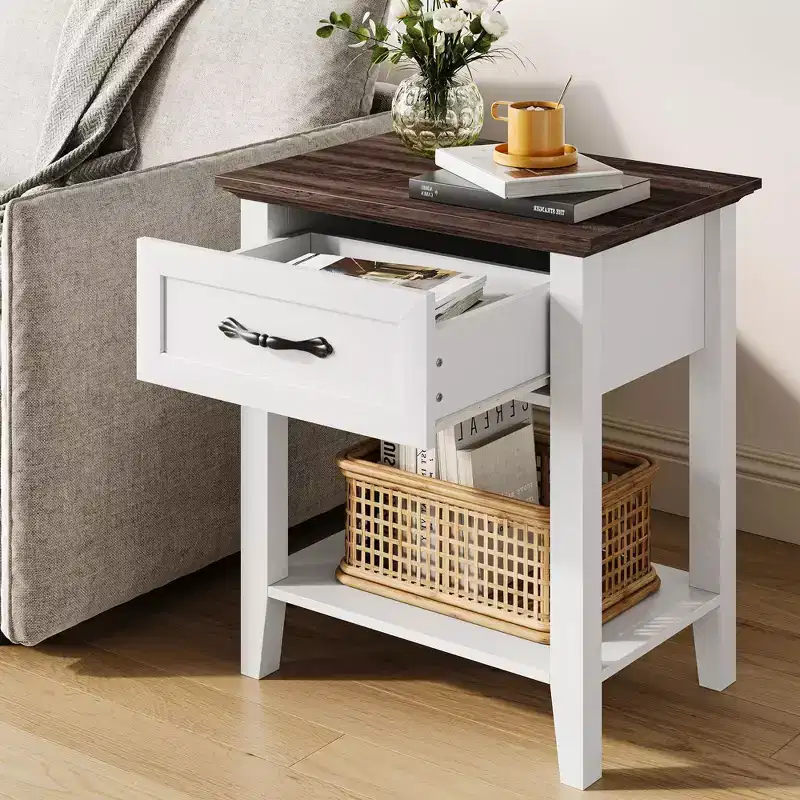 End Table with Drawer, Side Table for Spaces, 2 Tiers Storage Shelves with Dresser, Bedside Table for Living Room, Bedroom, White