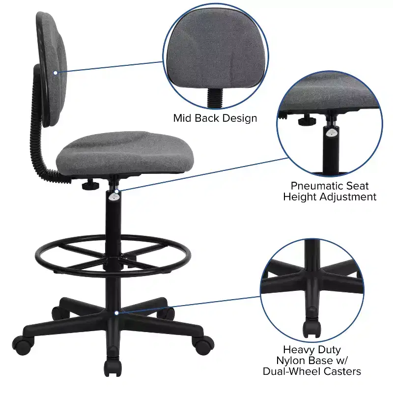 Adjustable Drafting Chair – Two Cylinder Heights, Mid-Back, Upholstered, 250 lb Capacity