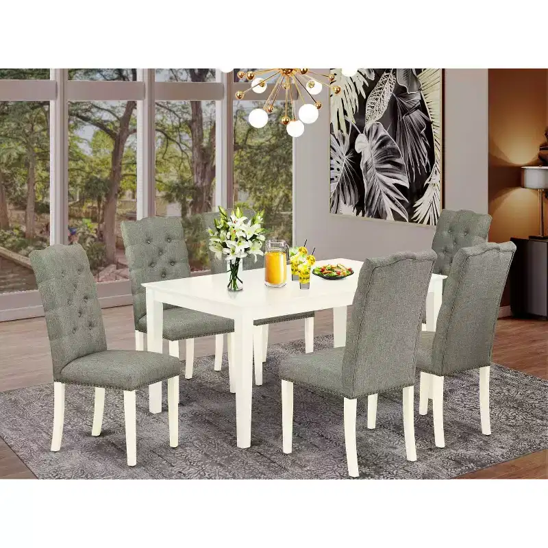Rectangular Dining Table - 7 Piece Table and Chair - Linen White Finish
