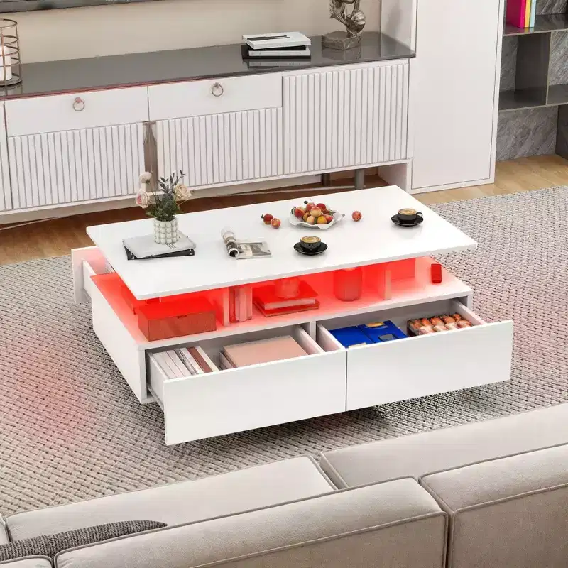 LED Coffee Table with Storage 4 Drawers, Modern High Glossy Coffee Tables for Living Room, Small Center Table with Open Display Shelf ,White