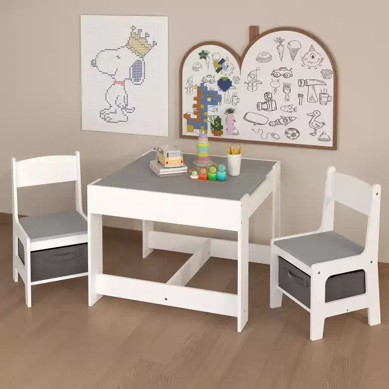 Kids Table and Chair Set, 3 in 1 Wooden Activity Table with Storage Drawer for Toddlers Drawing, Reading, Crafts, 2 in 1 Detachable Tabletop Table Set