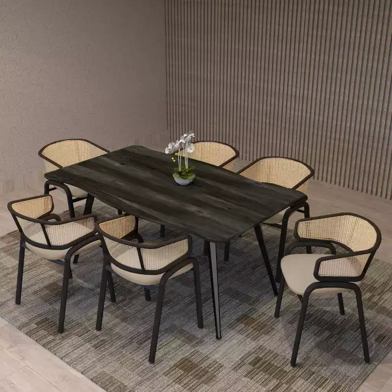 LeisureMod Ervilla Wicker Back Dining Chair with Leather Seat and Black Steel Frame, Comfortable Seating for Dining Rooms and Kitchens