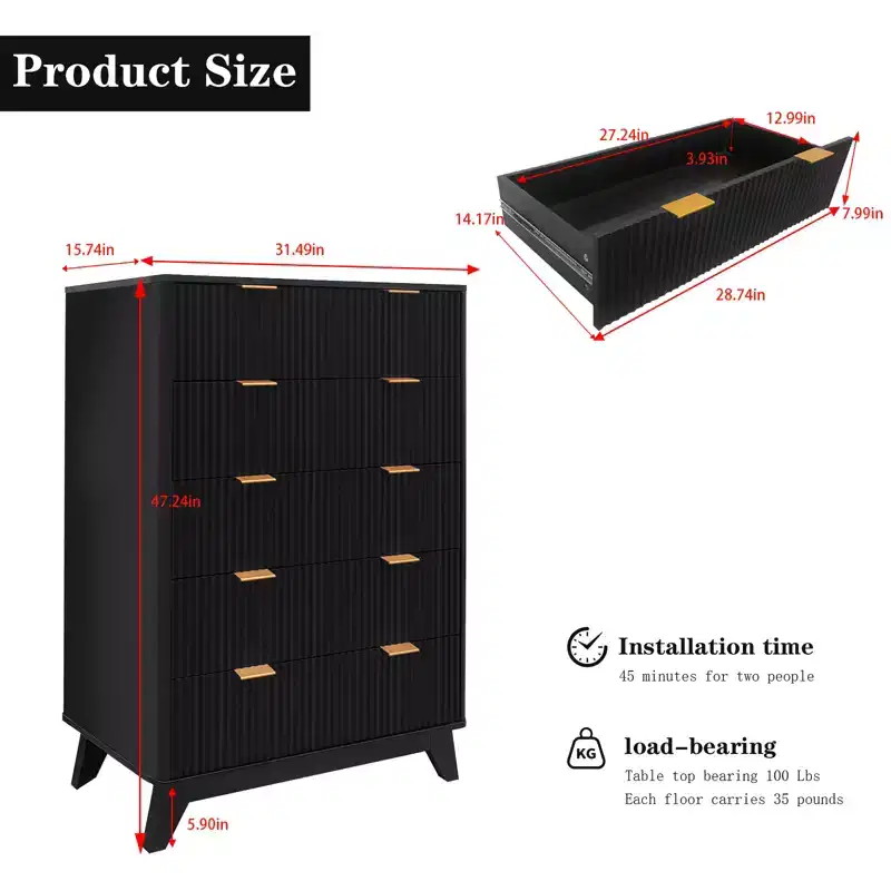 COZONY 5-Drawer Tall Dresser Waveform Fluted Wood Chest Modern Storage Drawers for Living Room Kids Bedroom Nursery