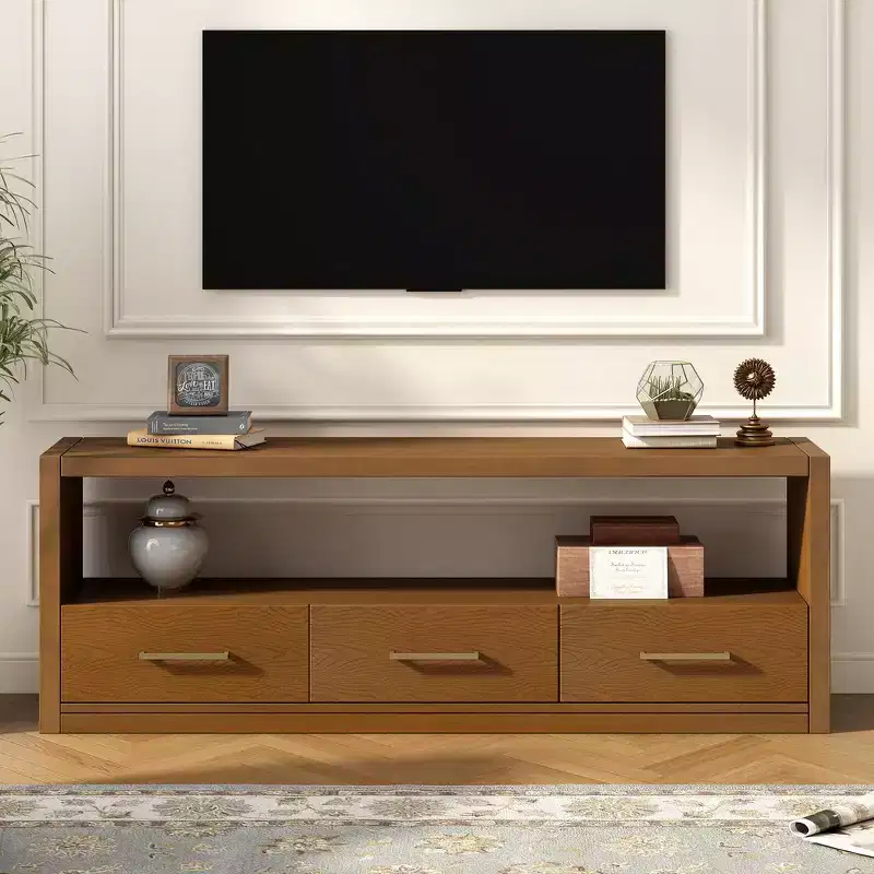 Whisen TV Stand & Fluted Media Console, Stylish TV Cabinet with 3 Drawers, Minimalist Metal Handles - Brown