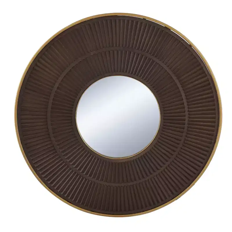 31.5 Inch Round Wooden Wall Mirror with Gold Iron Frame
