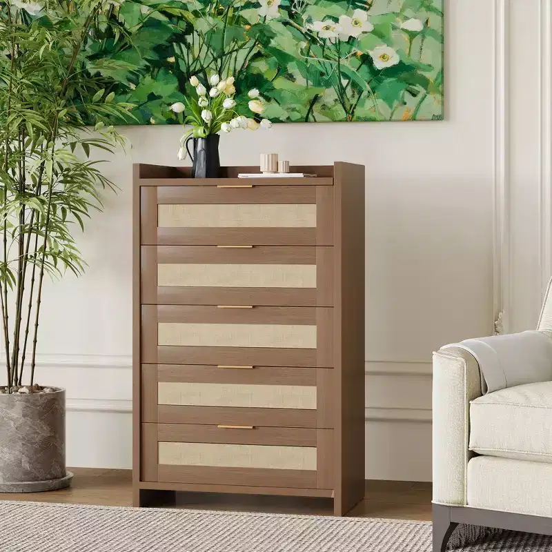 Bohemian Rattan 5-Drawer Dresser, 46 Tall Woven Storage Cabinet, Night Stand Clothes Storage Cabinet