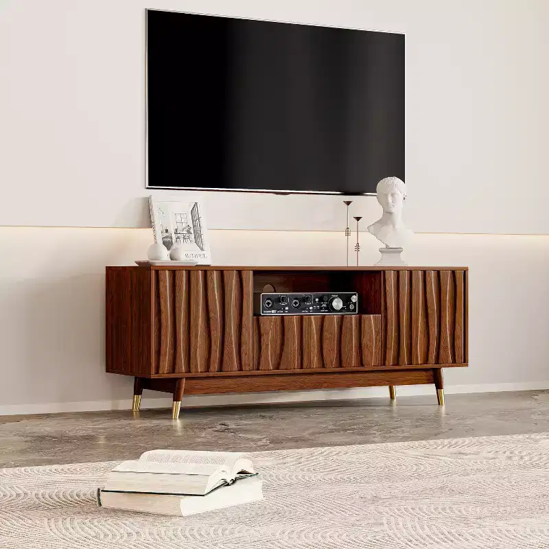 Wood TV Stand with Drawer and Cabinet, Mid Century Modern Entertainment Center with Solid Wood Feet, Brown Media Console for Living Room