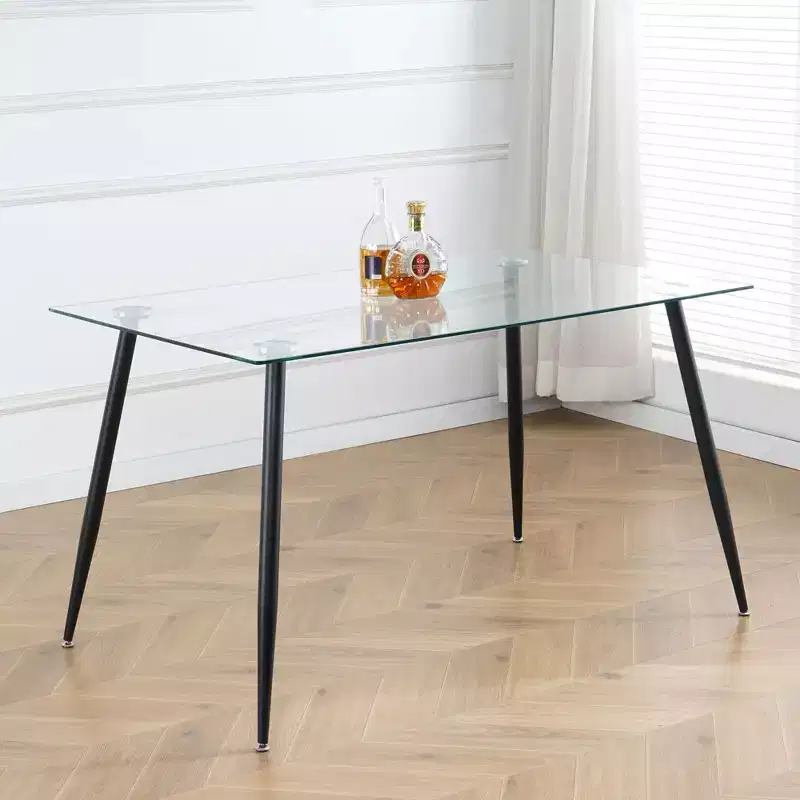 Okak Rectangle Dining Table with Tempered Glass and Metal Legs Modern Dining Table for Dining Room