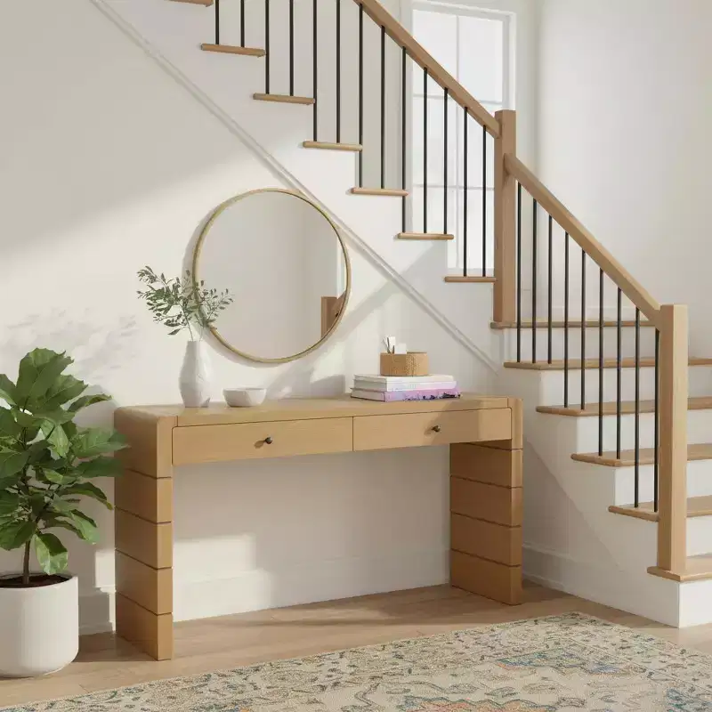 Homy Casa Console Table with Storage Drawers and Solid Panel Base for Entryway or Living Room, Oak