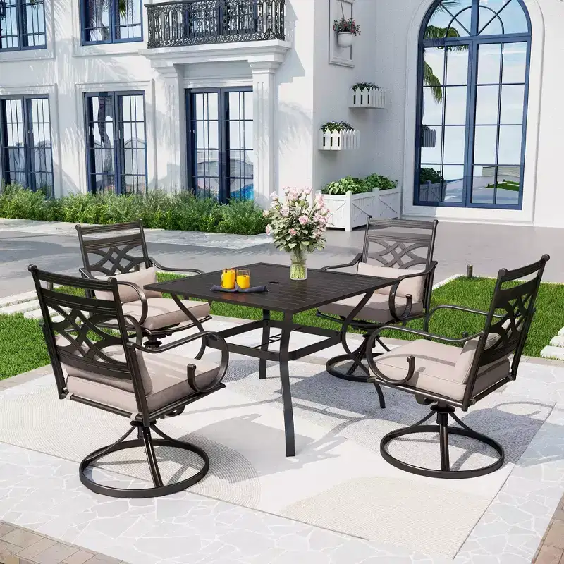 5pc Outdoor Dining Set with Swivel Chairs with Seat & Back Cushions & Square Metal Table with Umbrella Hole - Captiva Designs