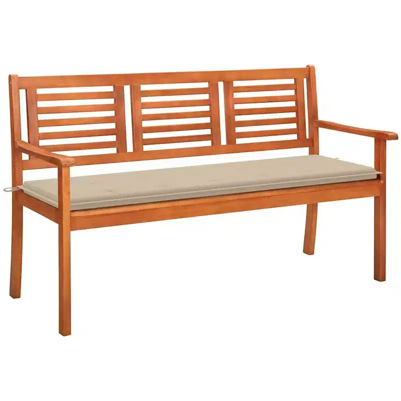 vidaXL Solid Eucalyptus Wood 3-Seater Patio Bench with Beige Cushion - Rustic Farmhouse Style Outdoor Seating for Garden, Terrace or Patio
