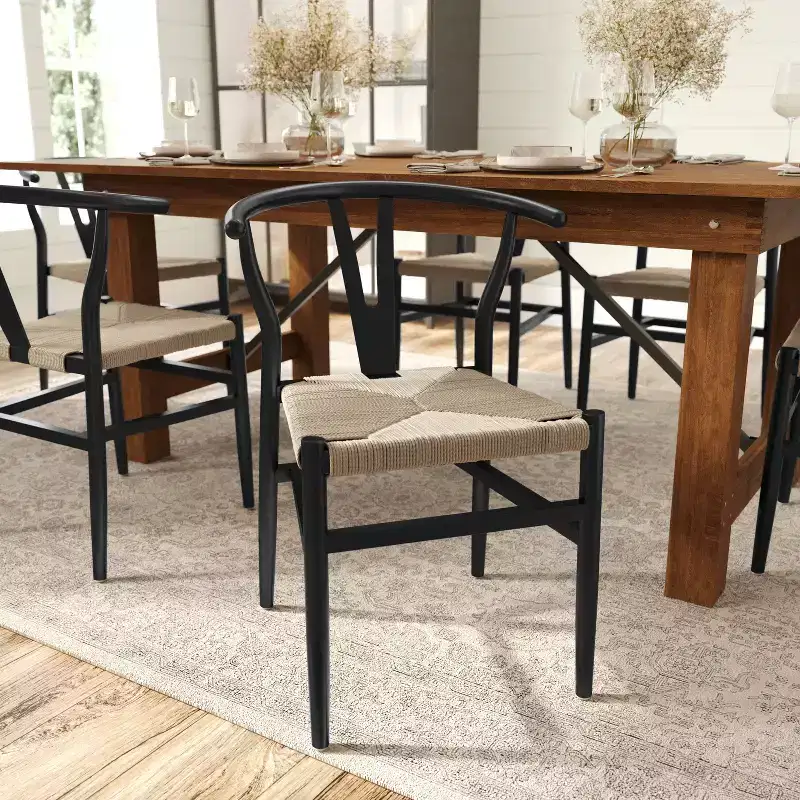 Stack Dining Chair with Y-Back Design, Solid Wood Frame, Woven Kraft Paper Rope Seat
