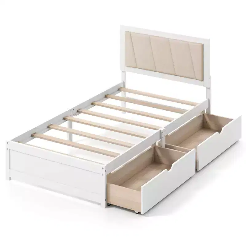 Twin Size Bed Frame with 2 Storage Drawers, Upholstered Headboard, Wood Structure