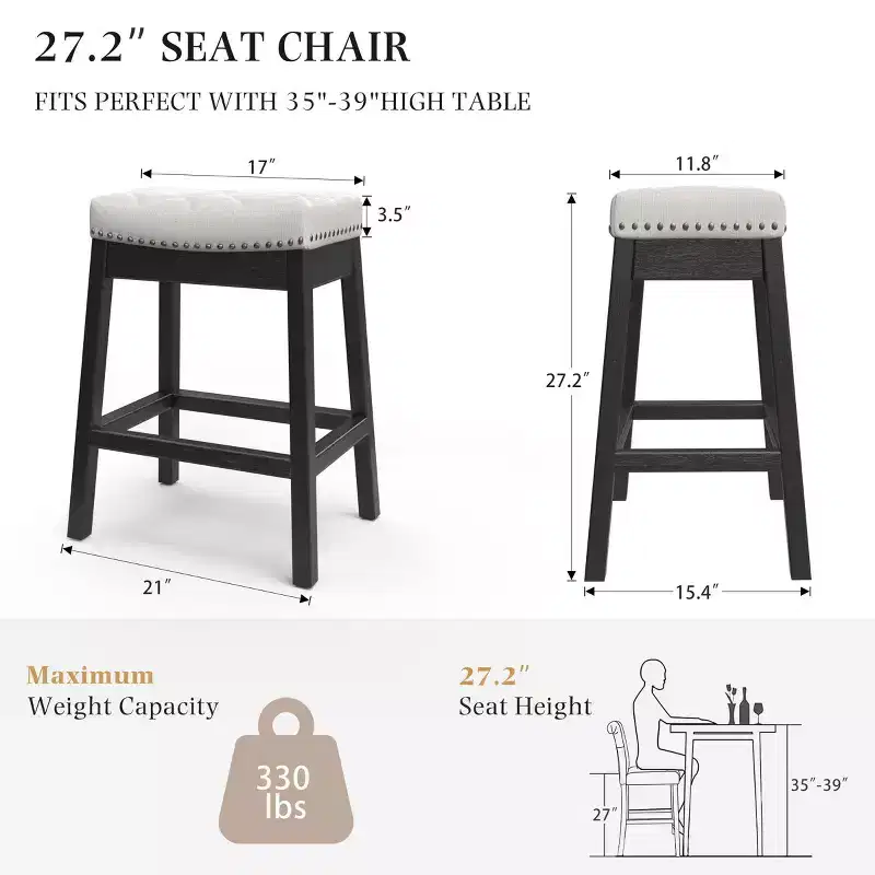 Counter Stool With Solid Wood Frame, Backless Bar Stool With Upholstered Seat (set Of 2)