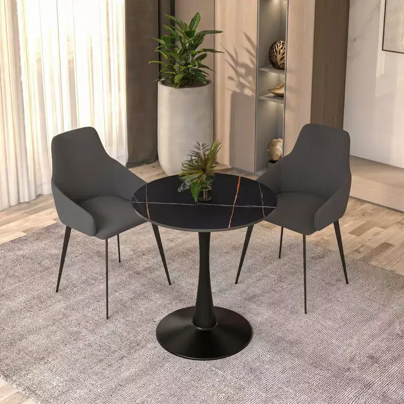 Bristol 24 Round Dining Table Sintered Stone Top Accent Cafe Table & Sturdy Steel Black Pedestal Base for Kitchen and Small Spaces