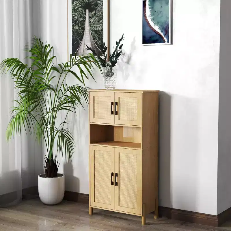 Modern 4-Door Storage Cabinet with Woven Rattan Doors & Adjustable Shelves for Living Room & Dining Room Natural