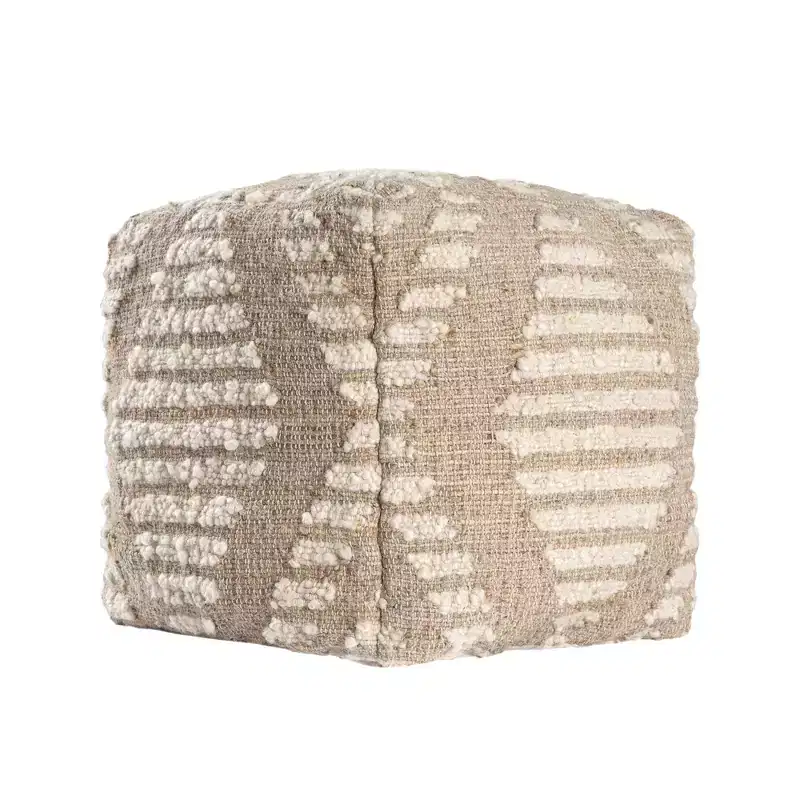 Cotton Jute & Wool Geometric Cube Pouf Ottoman 18''H x 18''W Ivory