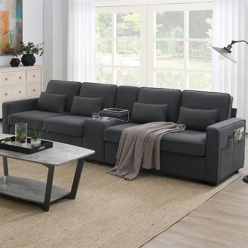 Merax 114.2 Upholstered Sofa with Console, 2 Cupholders and 2 USB Ports Wired or Wirelessly Charged
