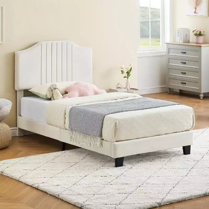 DobleePy Twin Plus Size Beige Kids Bed, Sturdy Velvet Headboard, Oak Wood Slats, Squeak Resistant, No Box Spring Needed, Easy Assembly
