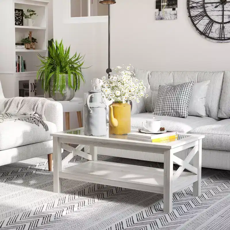Farmhouse Style Coffee Table with Wood Frame, Tempered Glass Tabletop and Underneath Storage Shelf for Living Room, White Oak