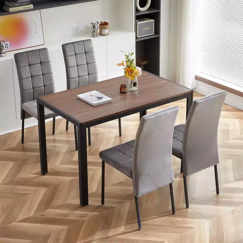 47IN Minimalism Kitchen Table with Wood Grain Veneer, Dining Table with Metal Frame, Dining Room Table for Living Room, Kitchen, Walnut