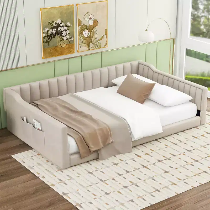 Twin XL/Full XL Size Velvet Upholstered Daybed with Side Storage Pockets - ModernLuxe