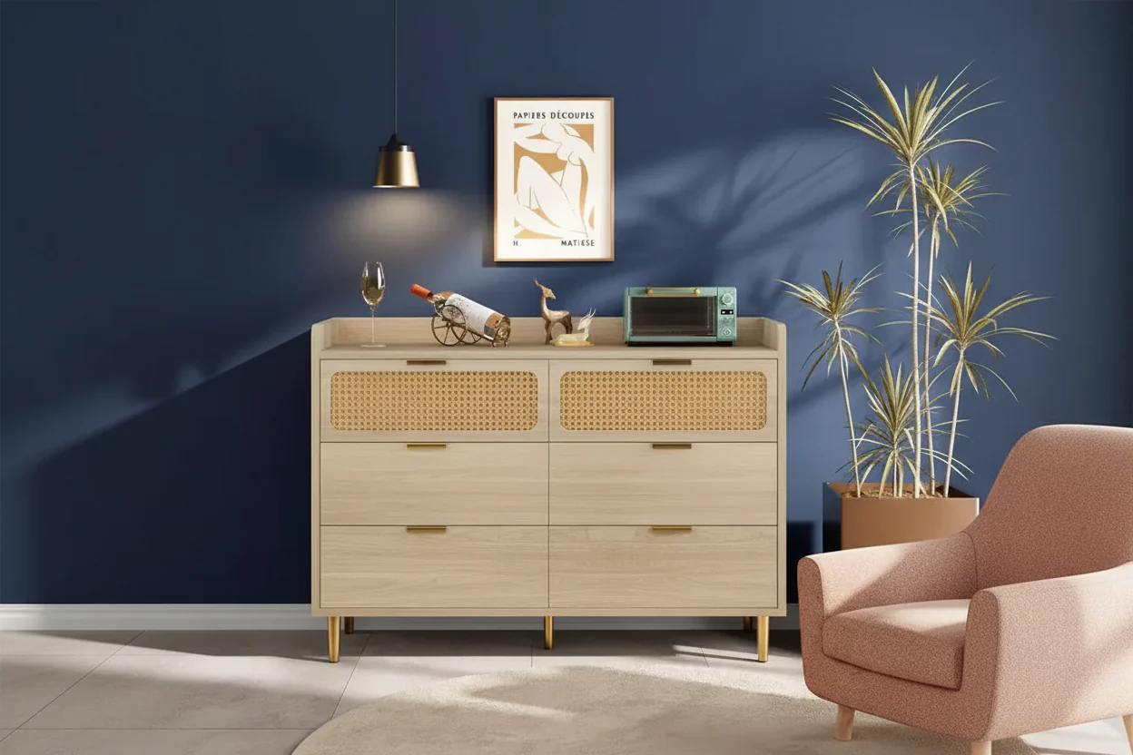 6-Drawer Rattan Double Dresser with Gold Hardware - Light Oak, Engineered Wood