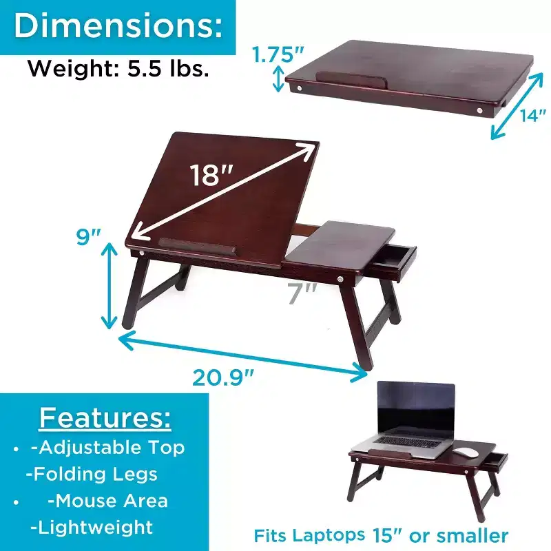 Bamboo Laptop Bed Lap Tray with Storage Drawer & Adjustable Tilt, Natural
