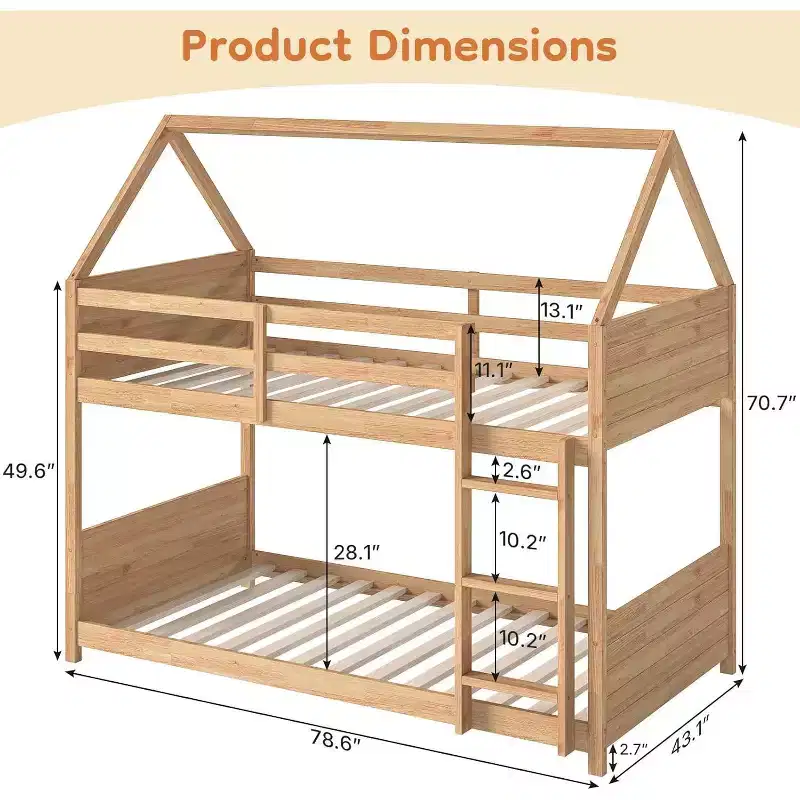 Zevemomo Twin over Twin House Floor Bunk Bed for Kids with Ladder, Full-Length Bed Rail, Slats, for Dormitory and Bedroom, White Oak