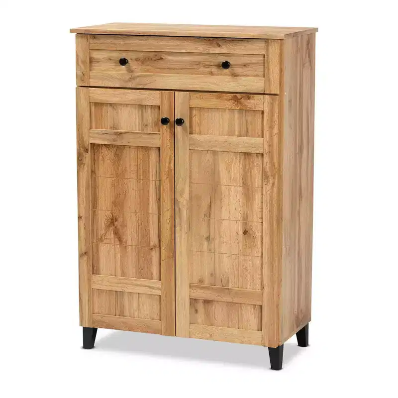 Wood 1 Drawer Shoe Storage Cabinet, Oak Brown, Entryway Organizer with 5 Shelves