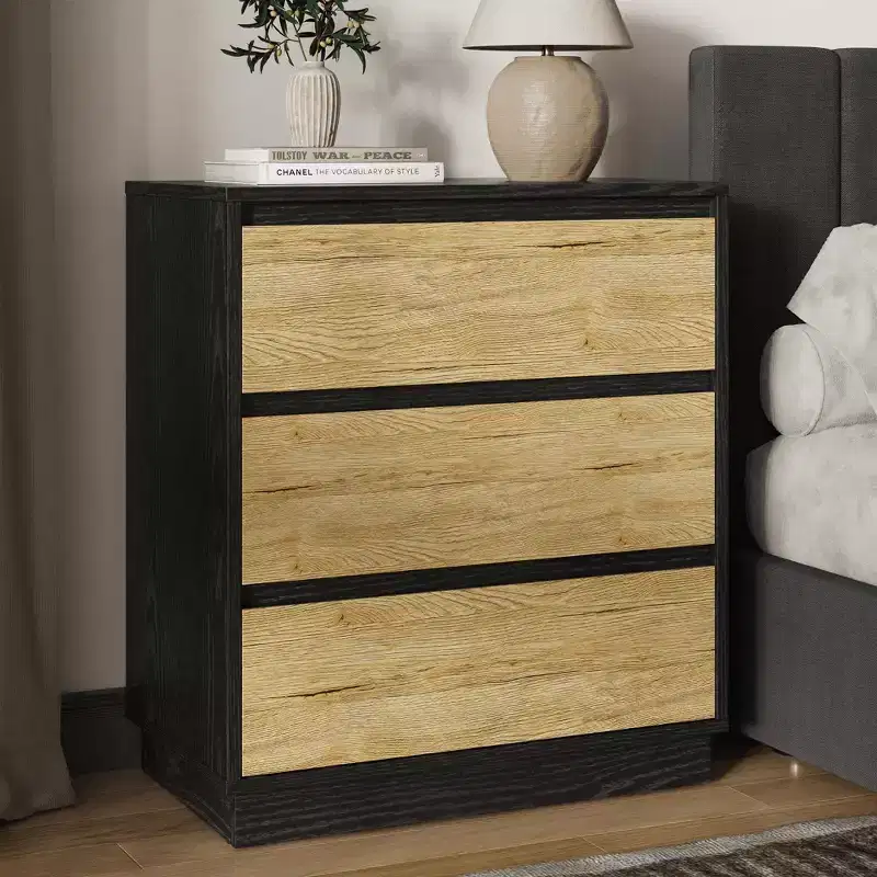 Wide Nightstand with 3 Drawers, Hidden Pull-Out Storage, Black & Wood
