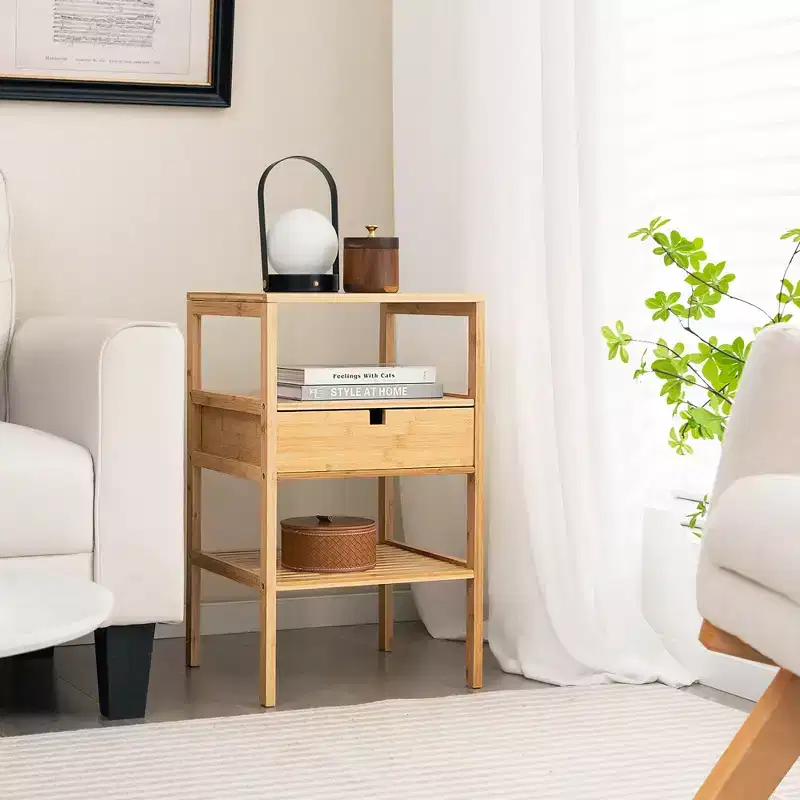 Costway Bamboo Nightstand w/ Pull-out Drawer & Storage Shelf Wood Natural