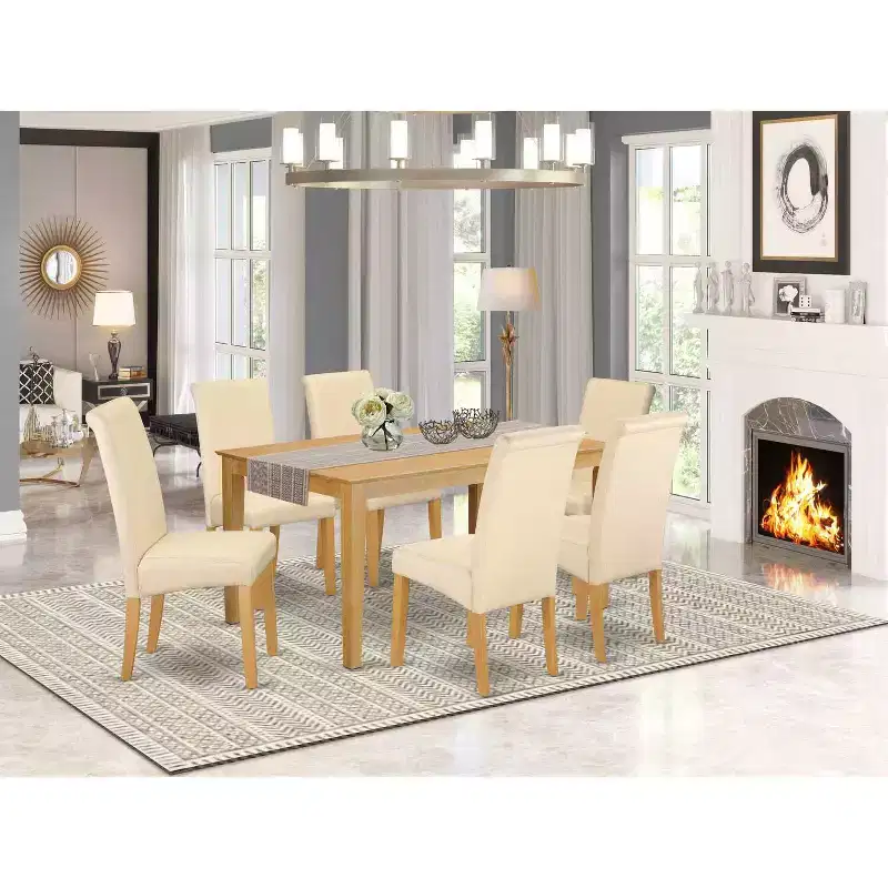 HomeStock 7-Pc Natural Oak Finish Solid Wood Top Dining Table with 6 Parson Chairs