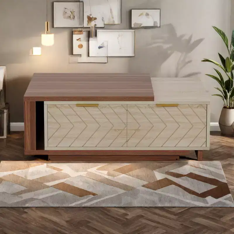 MAYEERTY V-Shaped Pattern Coffee Table Walnut Oak Veneers Brass Accents Modern Living Room Furnitures