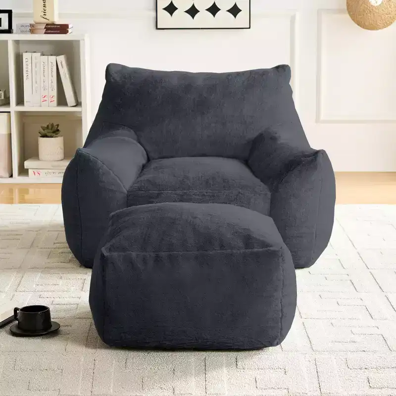 Modern Bean Bag Chair, Faux Rabbit Fur Fabric Big Beanbag Chair with Ottoman
