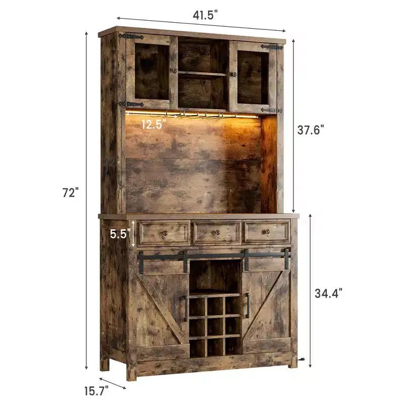 COZONY 72 Farmhouse Coffee Bar Cabinet with LED Lights, Modern Buffet Sideboard with Sliding Barn Doors & Wine Storage for Kitchen, Dining Room