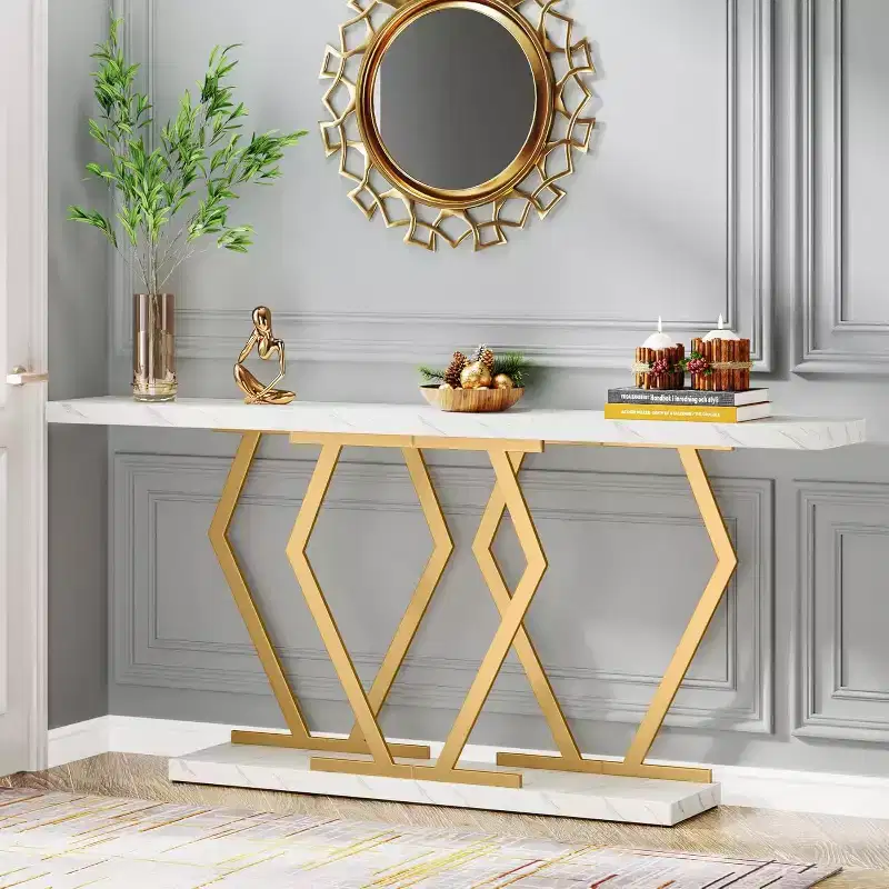 Lantine 70.9 Inch Extra Long Sofa Table, White and Gold Console Table with Faux Marble Tabletop, Modern Long Entryway Table with Gold Frame