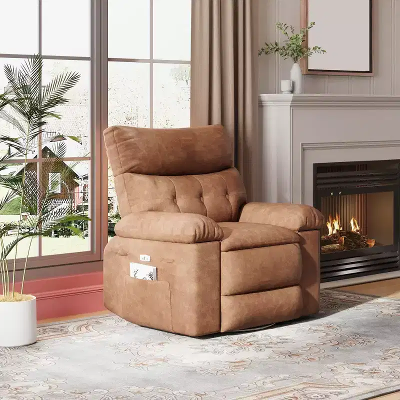 Manual Recliner Chair, 360 Swivel PU Leather Lounge Chair with Side Pocket for Living Room & Home Theater