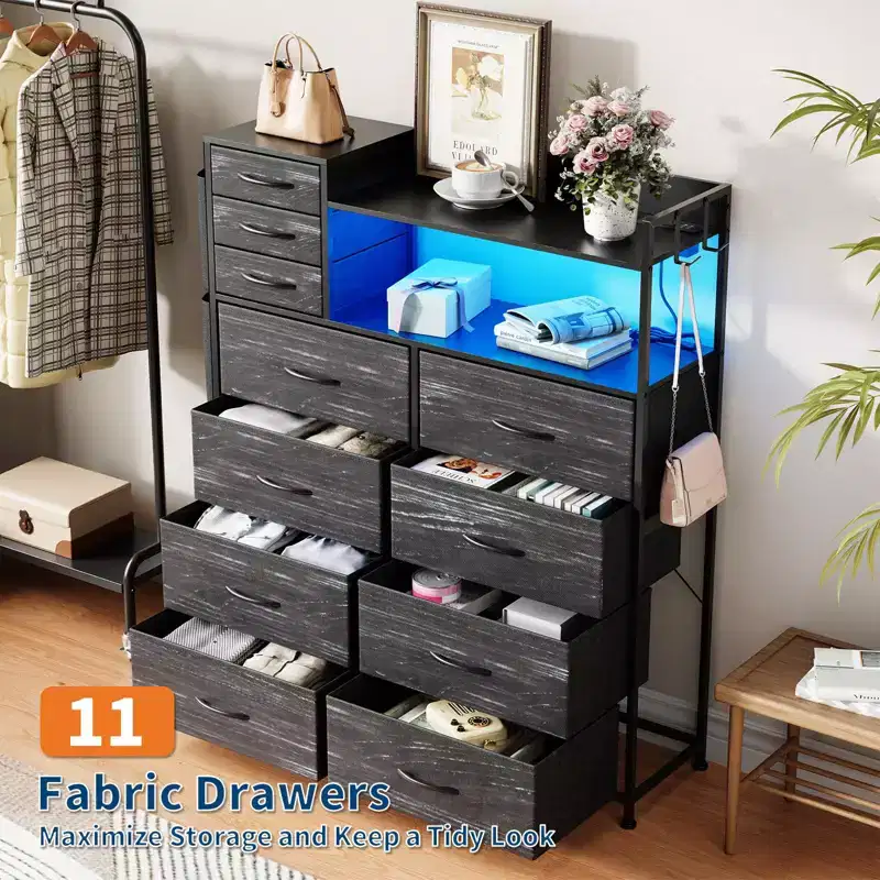 Fabric 11-Drawer Dresser with Charging Station & LED Lights