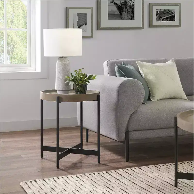 20" Brookline Round Wood with Concrete Coating End Table Concrete Gray - Chic Tray Top, Sturdy X - Frame
